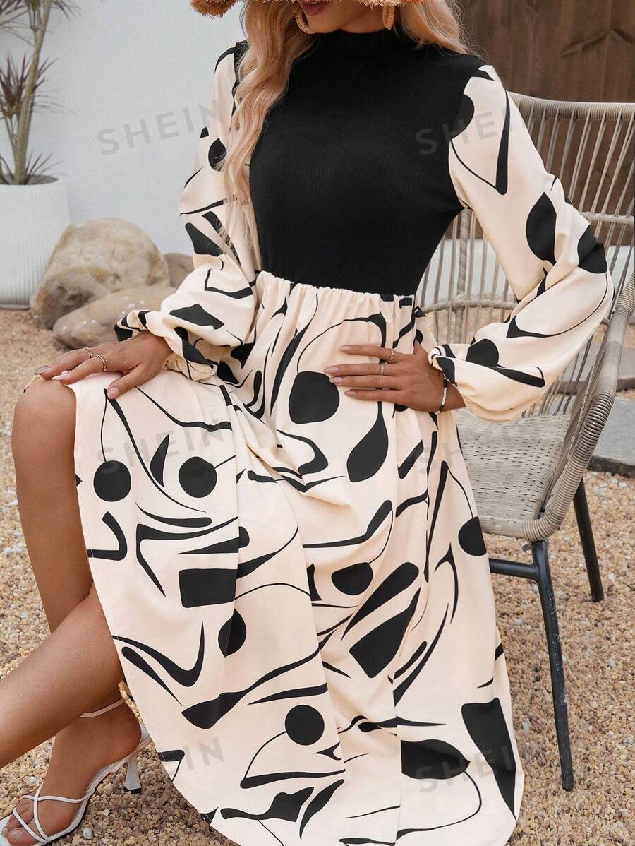 Breezaya Vestido de manga larga para mujer con estampado aleatorio y parcheado de unicolor