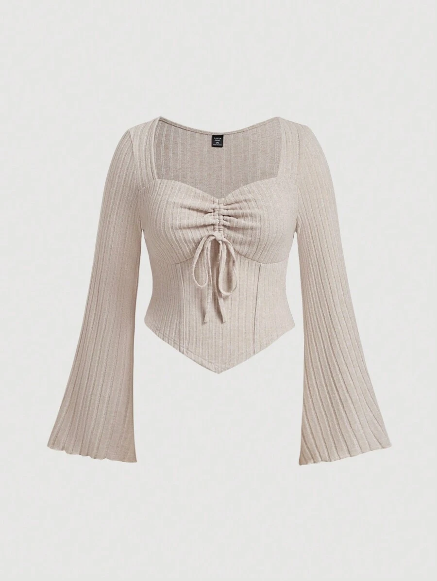 SHEIN MOD Talla grande Ajustable con cordón en la parte delantera con mangas acampanadas Quérele con ribete asimétrico en el dobladillo y bolsillo de copa reunido para la parte superior camiseta en color caqui