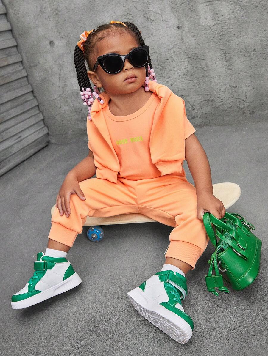 SHEIN 3pcs Baby Girls' Fall Orange & Pink Street Style American Cool Daily Casual Outfit Set