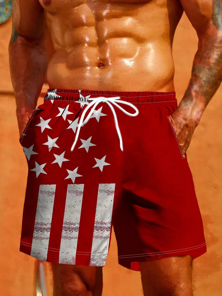 Pantalones cortos casuales y cómodos con estampado de bandera estadounidense simple para hombres de talla grande para el 4 de julio