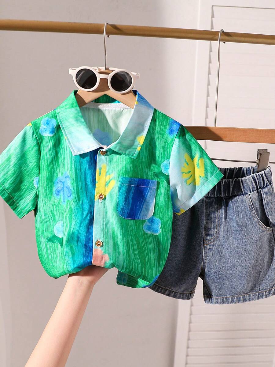Young Boys Casual Artistic Graffiti Colorful Floral Shirt And Denim Shorts Set, Spring/Summer Vacation Outfits