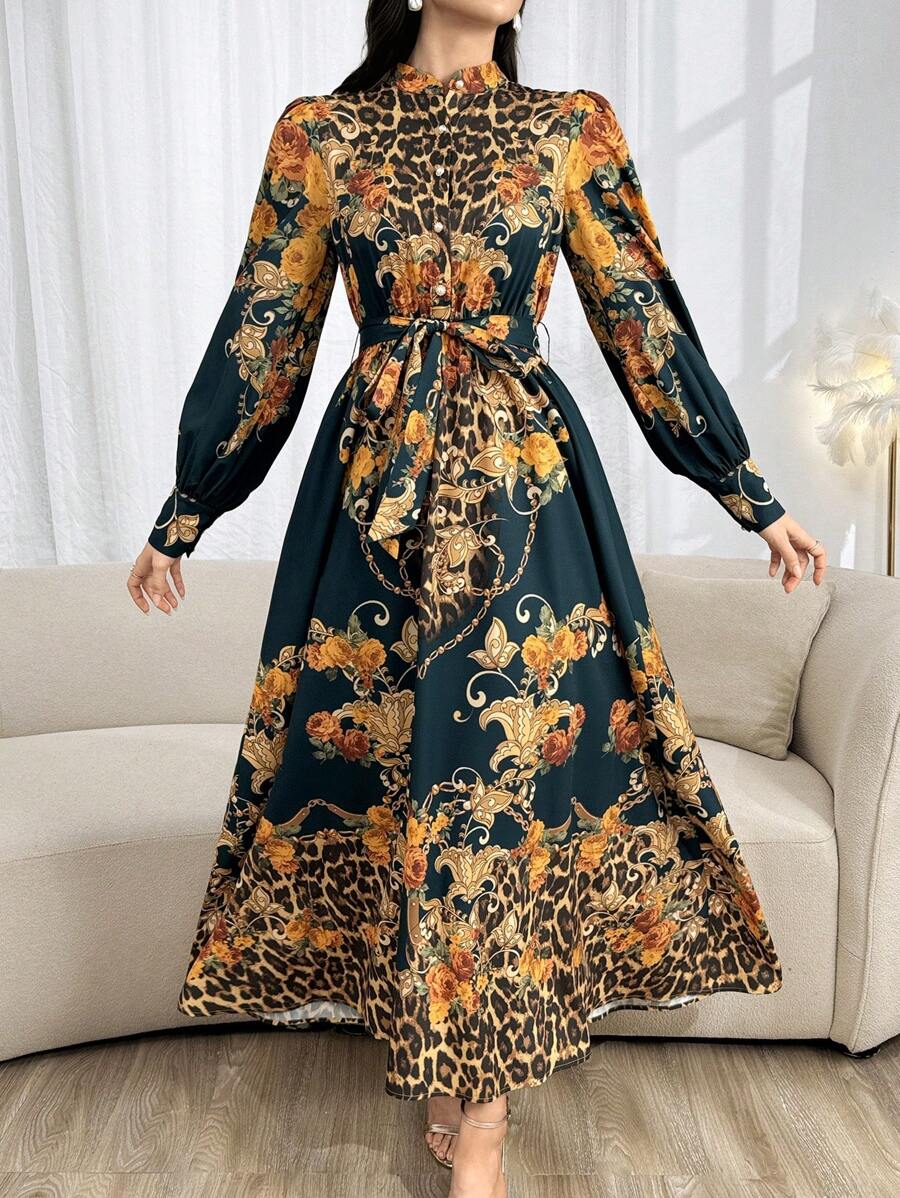 Modelyn Leopard & Baroque Print Lantern Sleeve Belted Dress For Spring & Summer