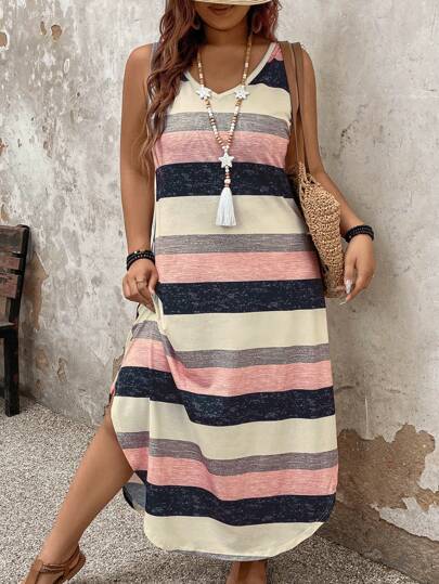 SHEIN LUNE Plus Size Striped Casual Maxi Dress, Women Summer Outfit