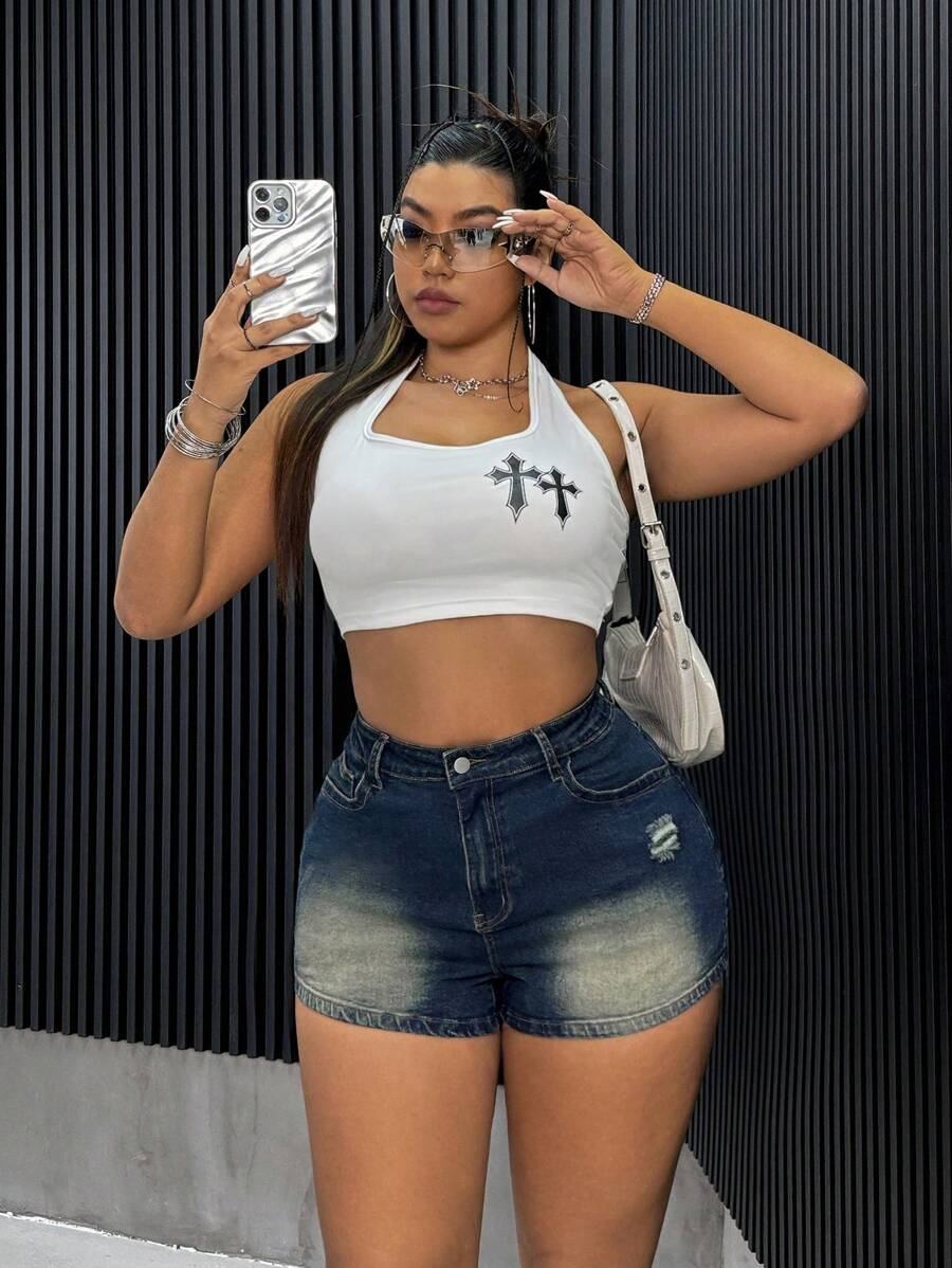 SHEIN ICON Plus High Waist Ripped Denim Shorts For Summer