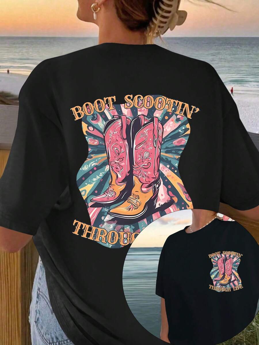 INAWLY Loose Summer T-Shirt, Women's Oversized Short Sleeve Tee With Western Cowboy Boot Print On The Back Graphic Tees Women Tops