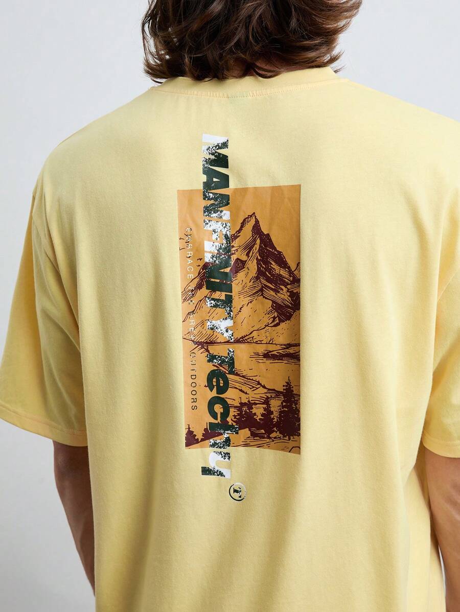 Manfinity VCAY Men's Knitted Fashionable & Casual Mountain Pattern Loose Short Sleeve T-Shirt, Daily Wear.Graphic T Shirt .Funny T Shirt. Yellow T Shirt.Graphic Men T Shirt