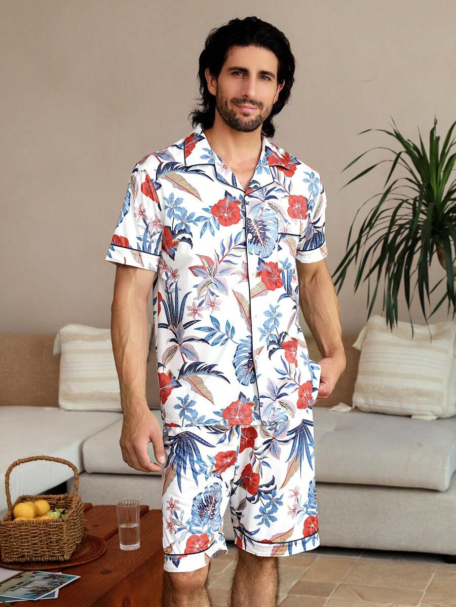 Manfinity ChillVibe Conjunto de ropa de hogar de verano para hombre con estampado floral de manga corta y pantalones cortos