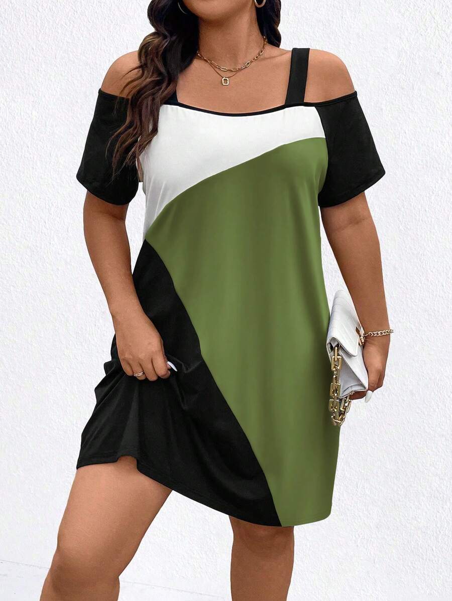 Vestito estivo Plus con dettagli a blocchi di colore e spalle scoperte
