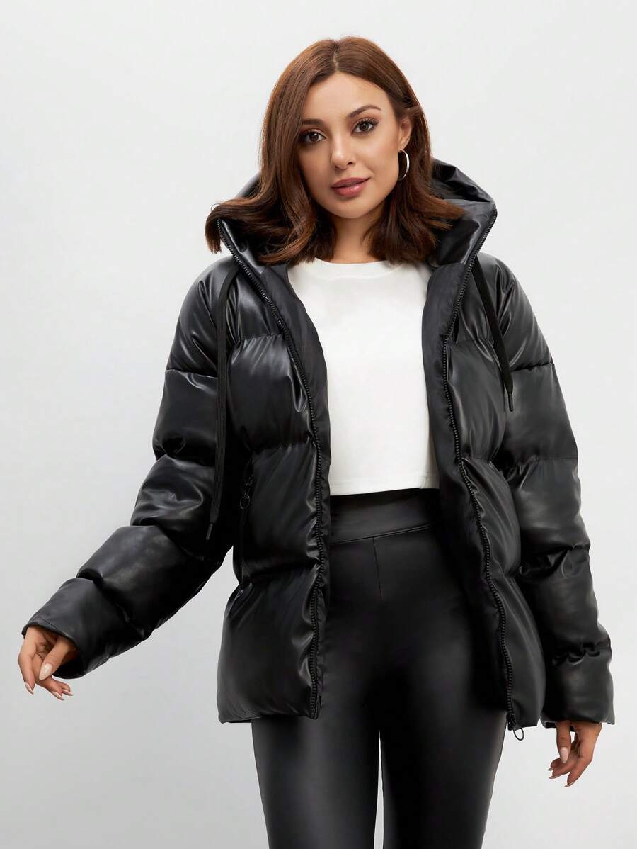 SHEIN Tall Tall Women's Drop Shoulder Zip Up Hooded PU Puffer Coat