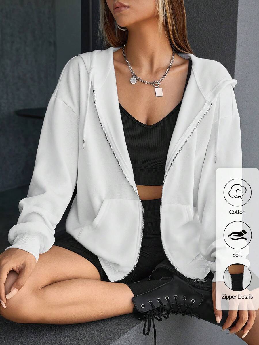 RueChic Sudadera con capucha con cierre y cordón frontal, de hombros caídos