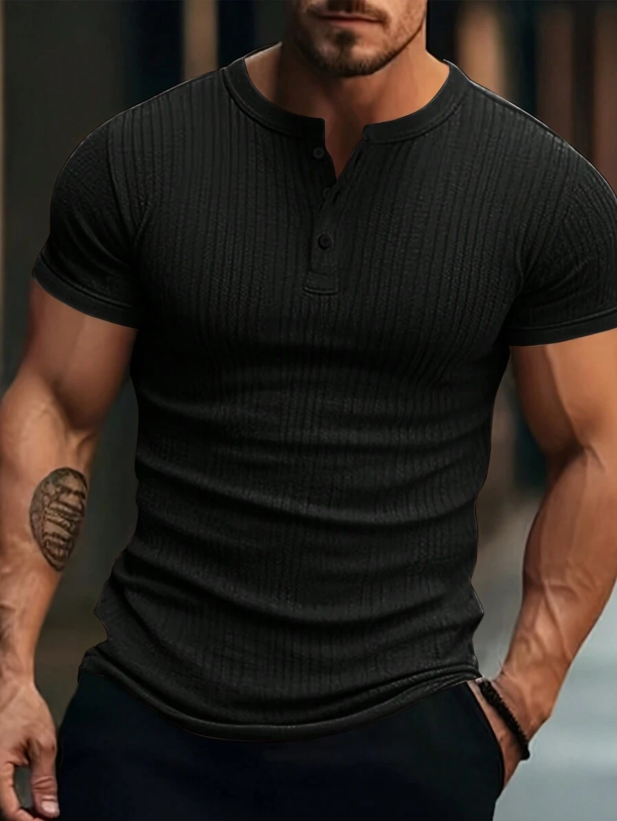 Men's Solid Color Button Placket Short Sleeve Casual T-Shirt