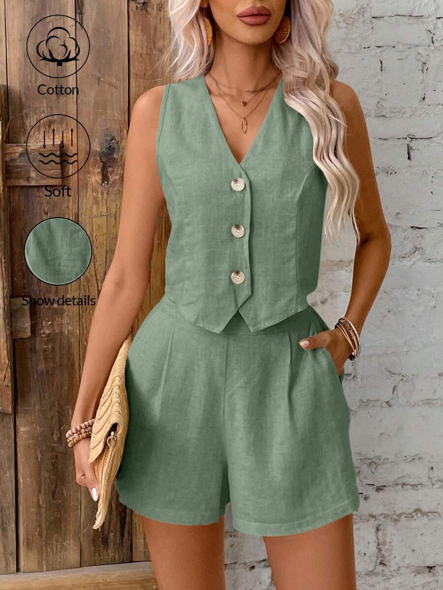 SHEIN Frenchy Conjunto de chaleco y pantalón corto de uso diario para mujer en unicolor y diseño simple