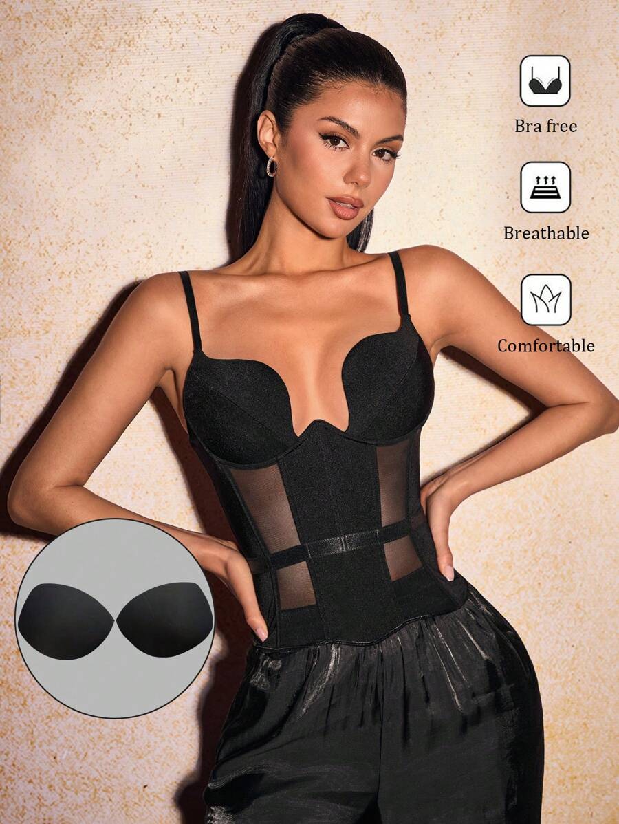 SHEIN SXY Corpiño de copa para el pecho Top de verano para mujer, parte superior de tirantes sexi con unicolor empalmado y ajuste delgado transparente