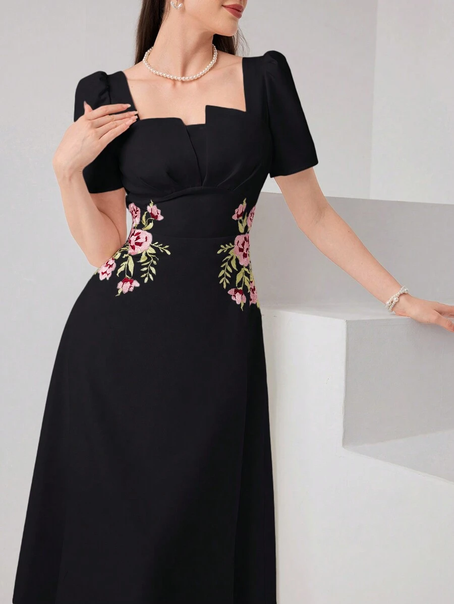 Modelyn Floral Embroidery Puff Sleeve Elegant Long Dress Long Evening Dresses