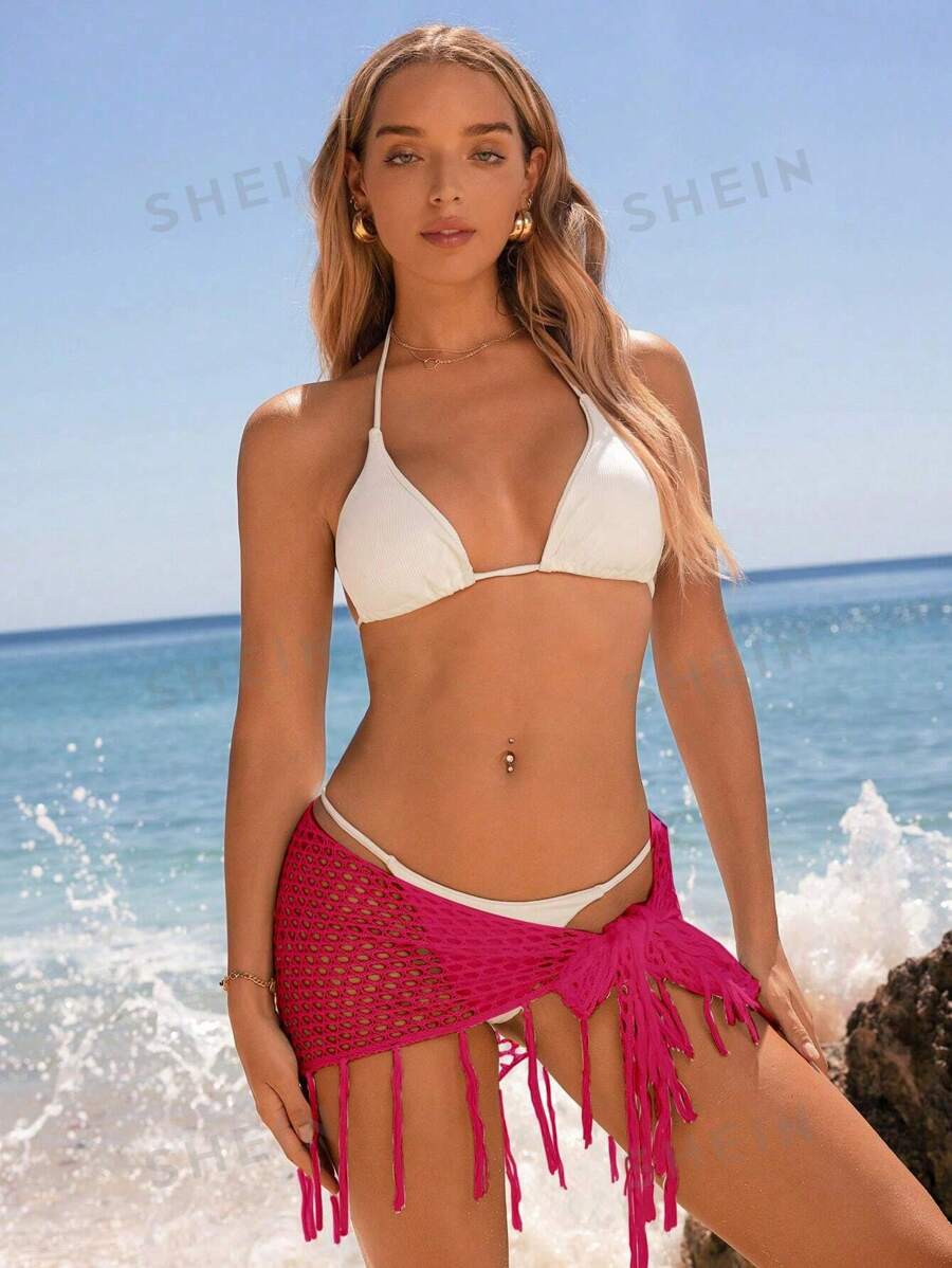 SHEIN Swim Falda pareo con flecos y calados, sin bikini, para el verano
