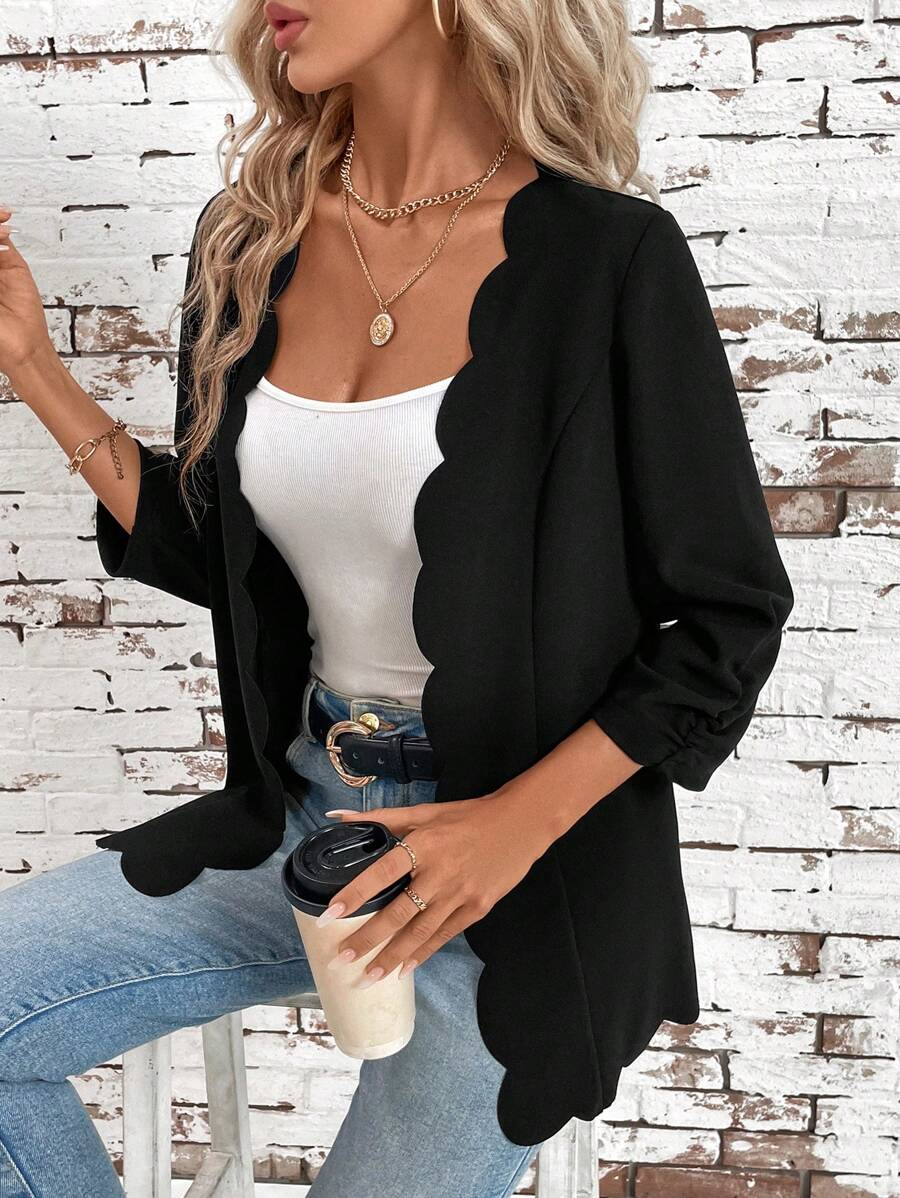 SHEIN Clasi Women's Elegant Black Back To School Clothes Fall Women Clothes Old Money Style Teacher Clothes Jacket With Scallop Edges,Ladies Spring/Fall Casual Scallop Regular Sleeve Regular Fit Black Plain Women Coats,Casual Daily Wear