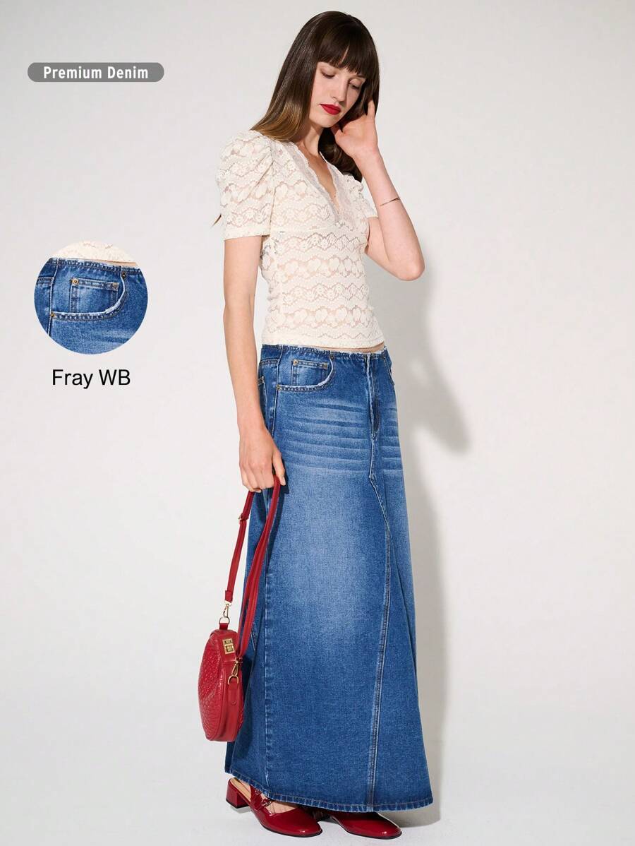 WESTFADE Premium Cut Off Cotton Denim Maxi Skirt