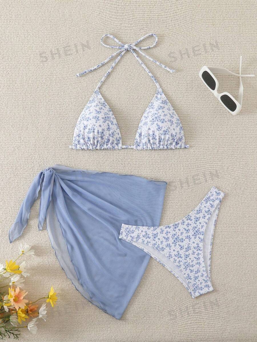Swim Mod Set de costume de baie pentru plajă de vară pentru femei, cu faldă florală, cu gât, bikini, cu fustă acoperită, costume de baie 3 piese