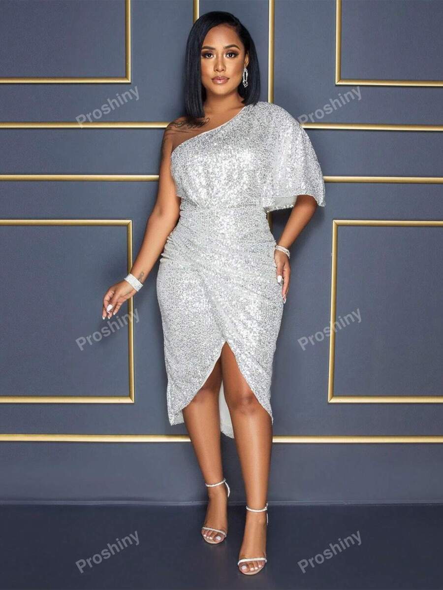Sexy One Shoulder Sparkly Evening Party Gown Burgundy Lady Bling Robe De Soiree Prom Sequins Homecoming Dresses Elegant Cocktail Semi Formal Wedding Guest Dress, For Birthday, Graduation, Dinner