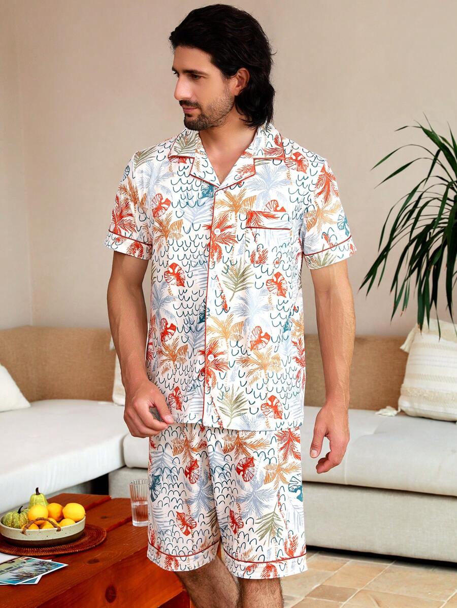 Manfinity ChillVibe Men's Floral Print Front Button Short Sleeve Shirt And Shorts Set, Casual Homewear For Summer