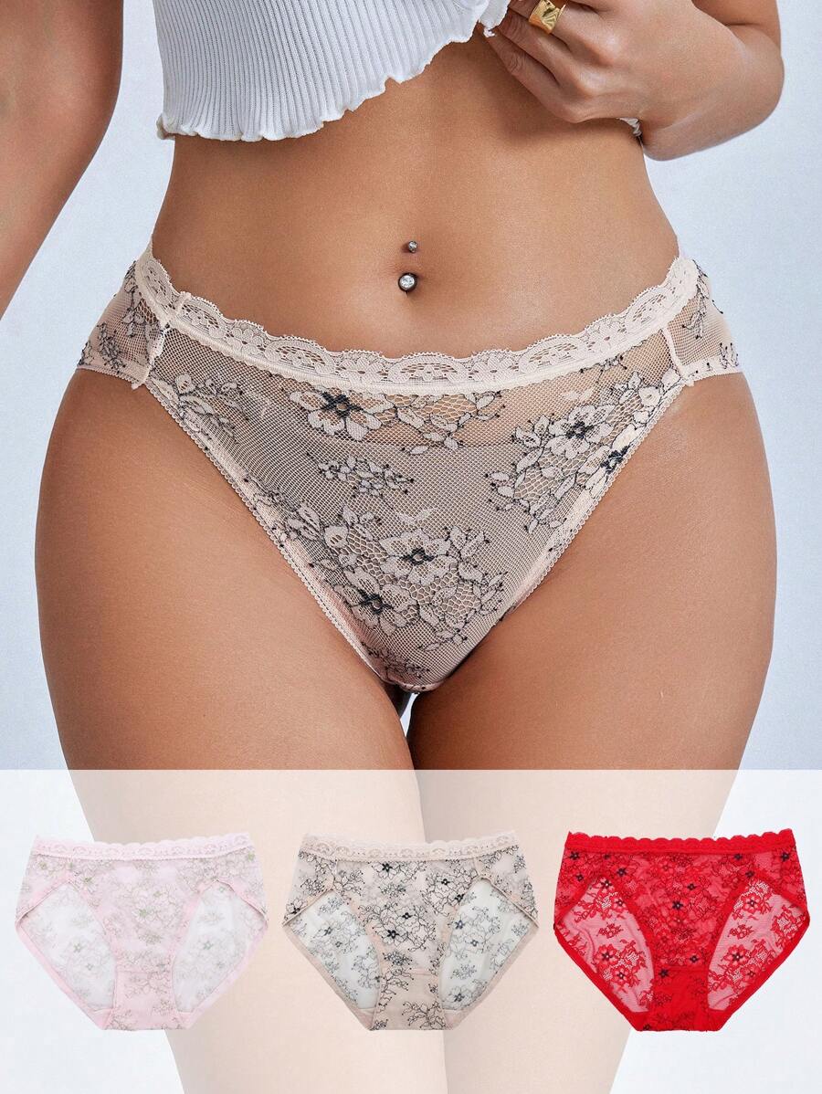 SHEIN Ropa interior sexy de encaje floral en forma de triángulo para mujeres
