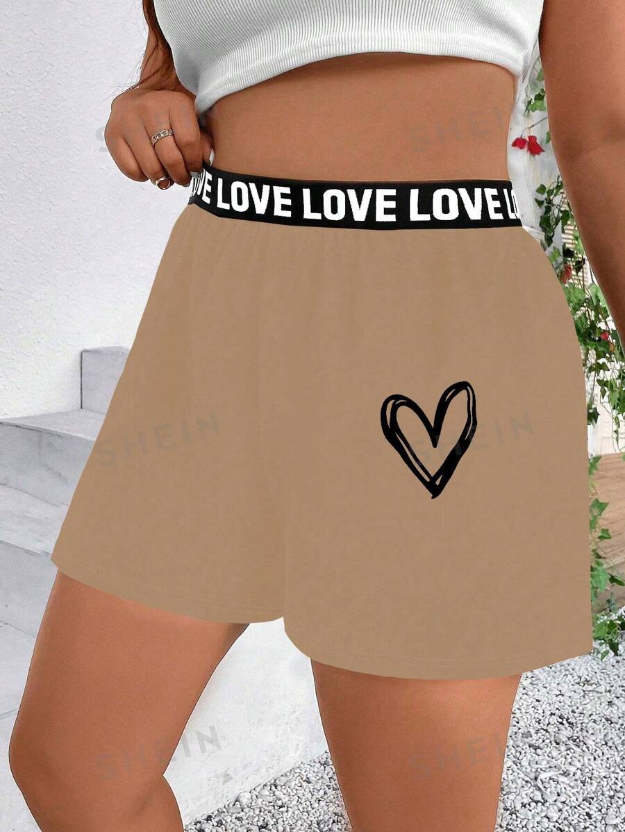 Flirla Shorts con estampado de corazones y cinta de letras de contraste para el verano en tallas grandes