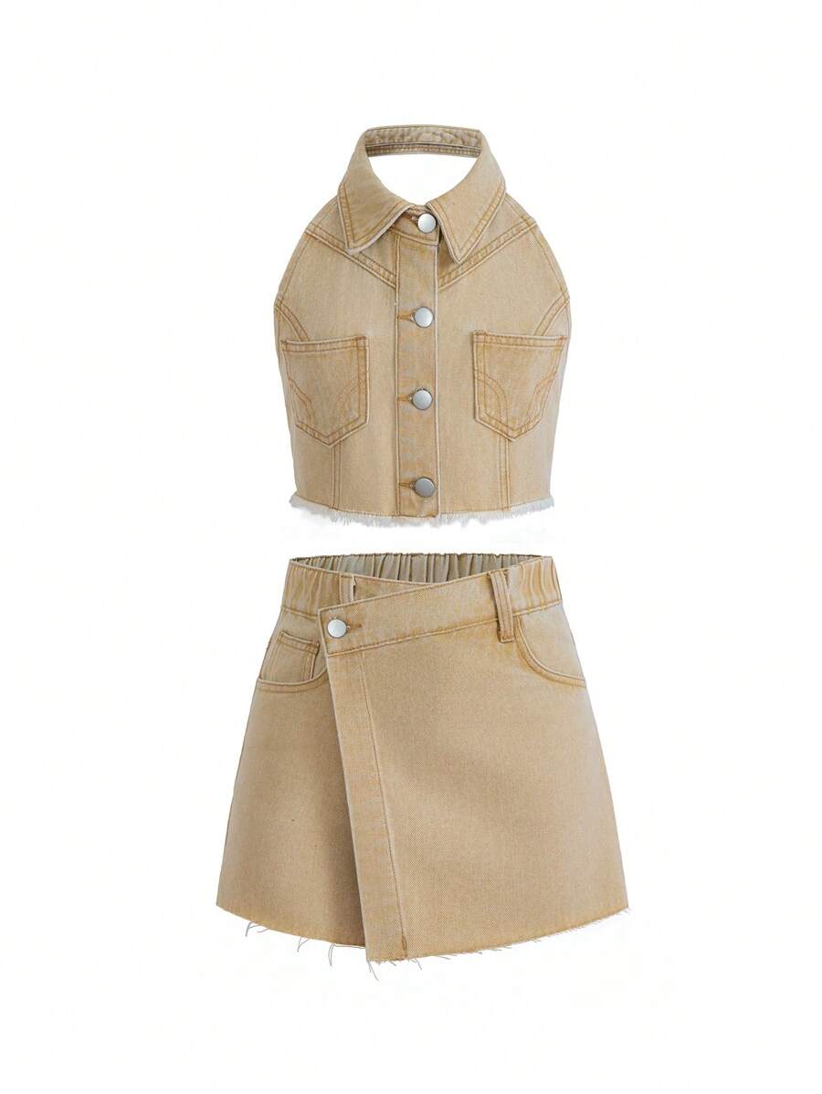 SHEIN Tween Girls Fashionable Sleeveless Top And Shorts Denim Set, Casual