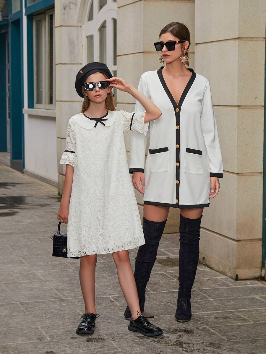 Tween Girl zomer elegante kleurblokkraag met strikdecoratie kanten jurk