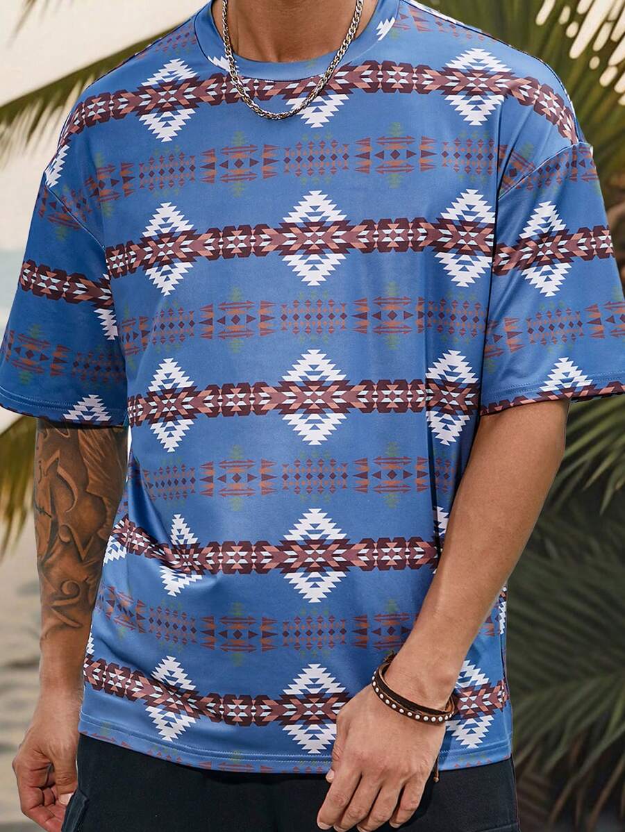 Manfinity RSRT Camiseta de cuello redondo con mangas cortas y estampado maduro Bohemio para hombres en vacaciones