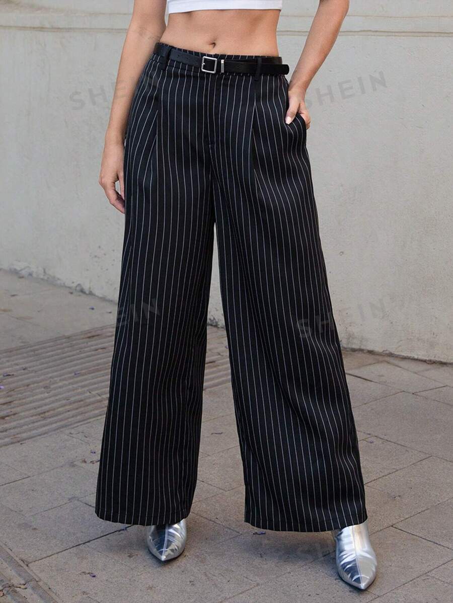 SHEIN Essnce Pantalones de vestir de pinstripe gris a medida para mujer en verano