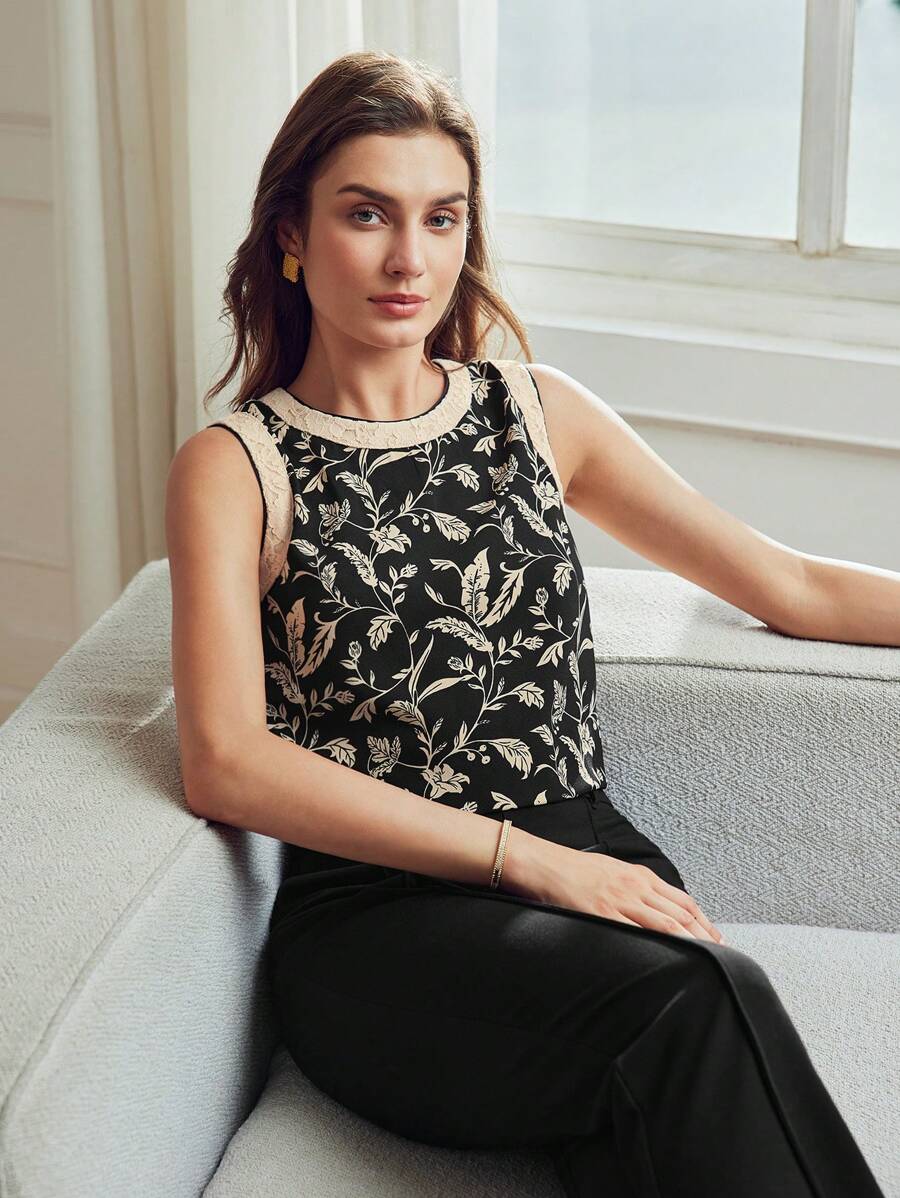 MOTF Classy CLASSY PLANTS PRINT CONTRAST LACE BLOUSE