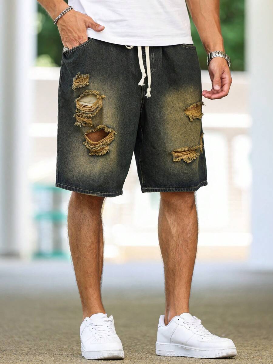 Manfinity Hypemode Shorts décontractés en denim avec poches grande taille pour hommes, troué