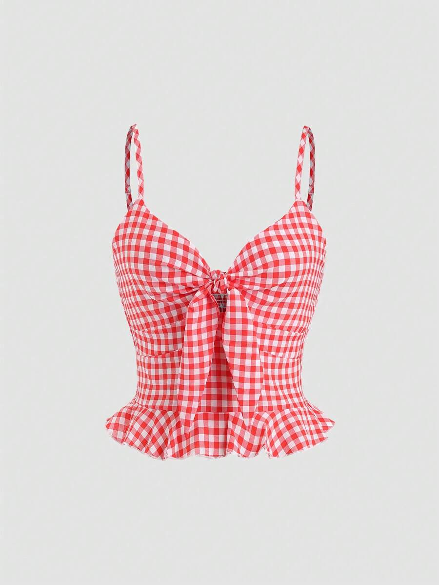 Sweetra Cami-top met gingham-print en knoop aan de voorkant met ruches aan de zoom