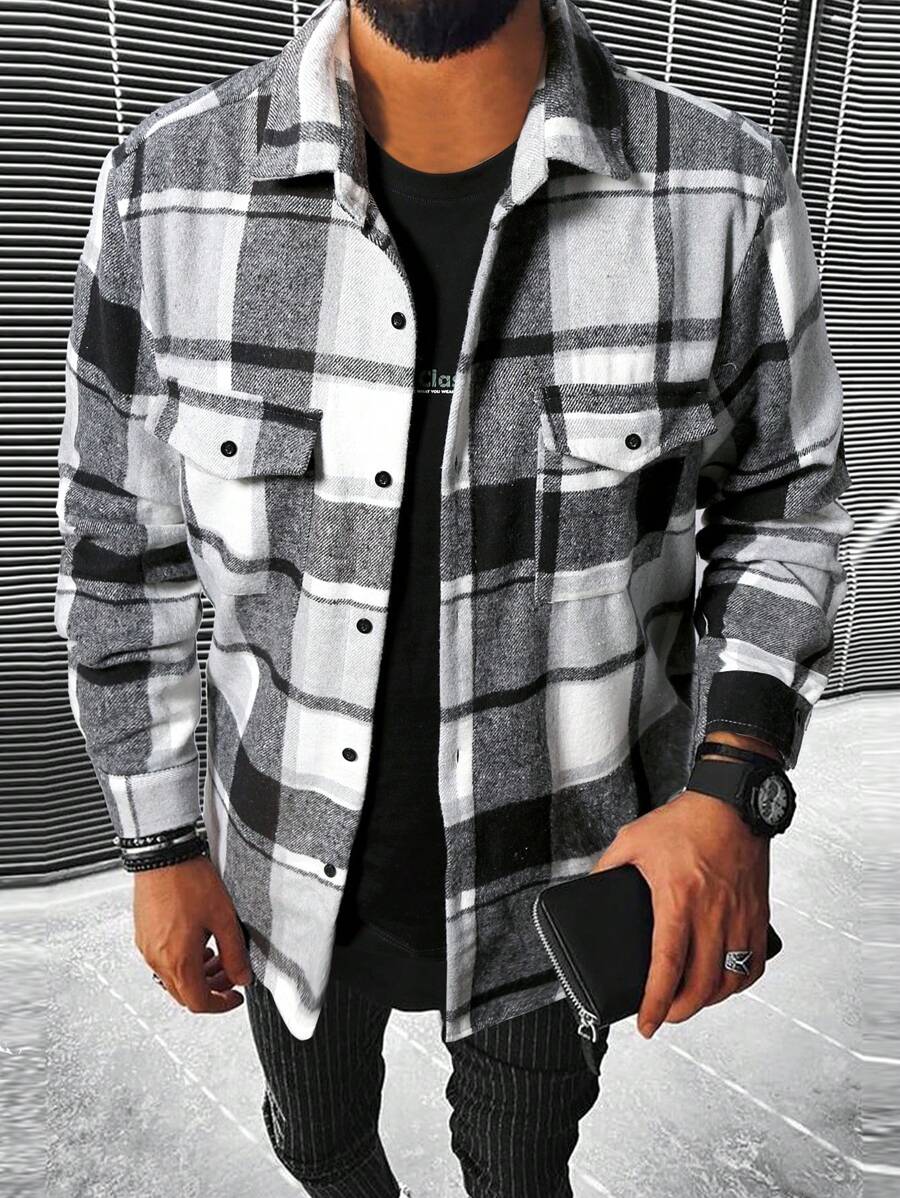 Manfinity Homme Chemise à carreaux casual de printemps et d'automne pour homme avec poche à rabat et bloc de couleur, cadeau idéal pour les amis, le mari, le petit ami