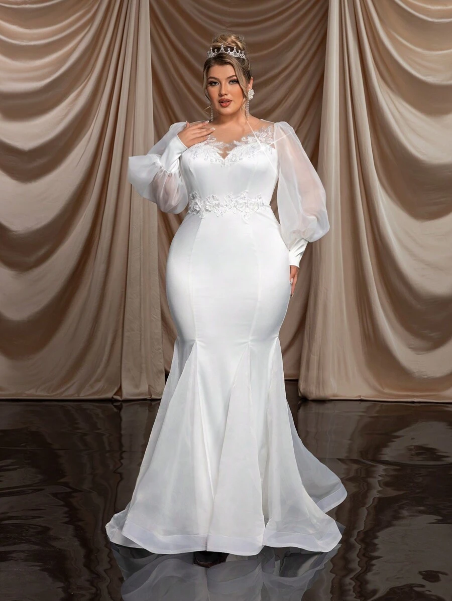 SHEIN Belle Plus Size White Luxury 3D Handmade Beaded Lace Applique Wedding Dress Bridal With Elegant Fish Tail And Long Train Long Sleeve Dress