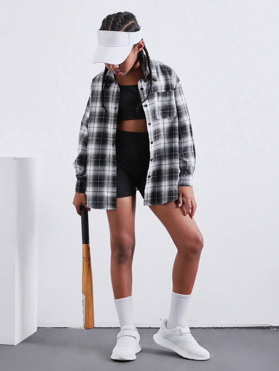 SHEIN 3 Stücke Strickfarben-Blockweste, Leggings und kariertes Hemd mit Kragen Freizeitoutfitset für Tween-Mädchen