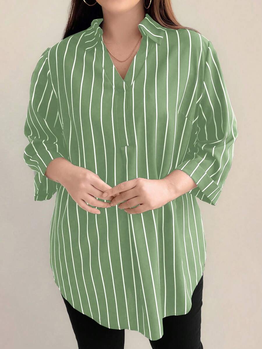 SHEIN LUNE Plus Striped Print Curved Hem Blouse Women Shirt