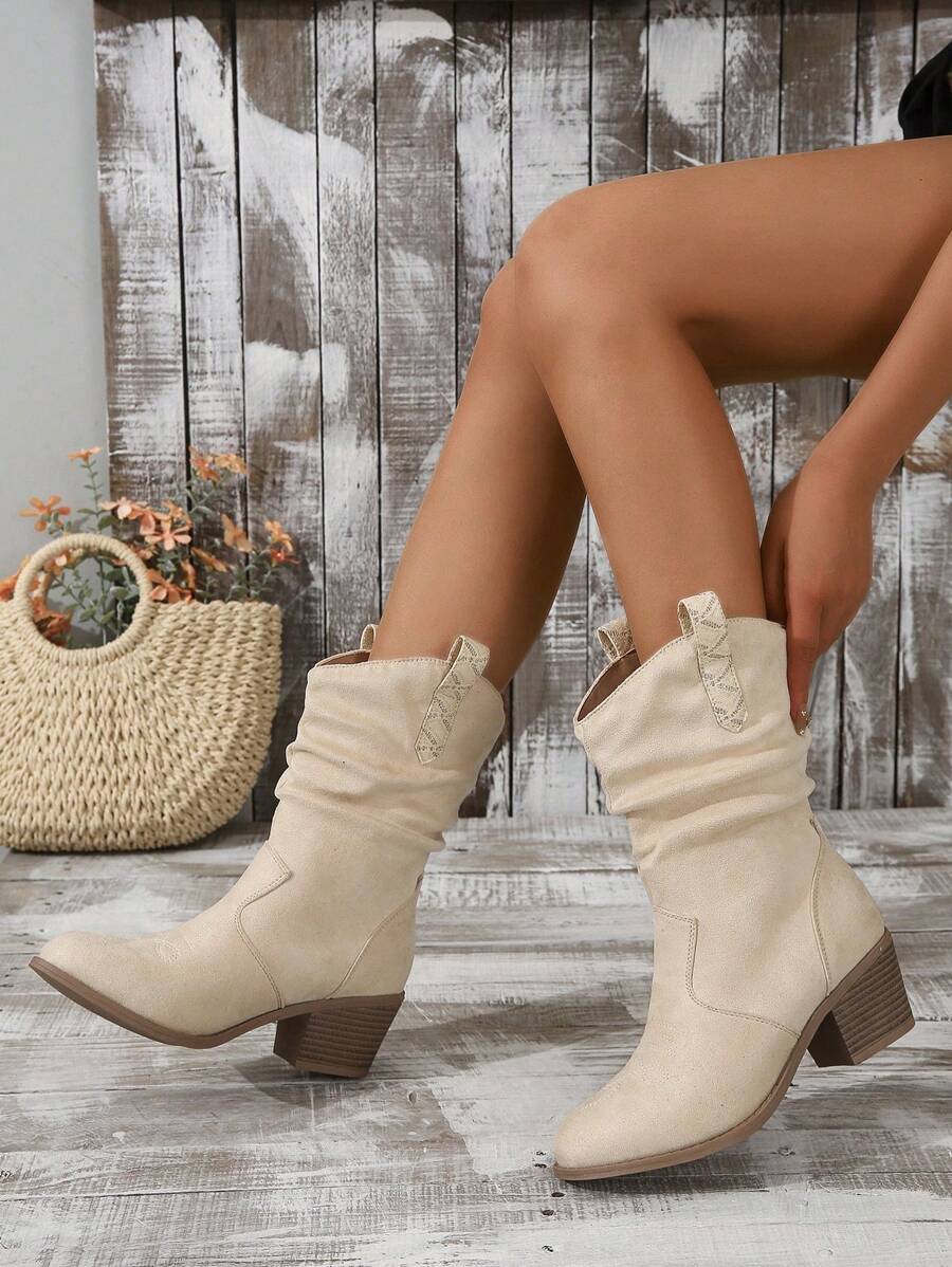 Asymmetric Creased Lace Up Booties In Beige With Ear Pattern And Random Wavy Texture, Chunky Heel And Round Toe, Versatile For Work And Daily Wear, Plus Size