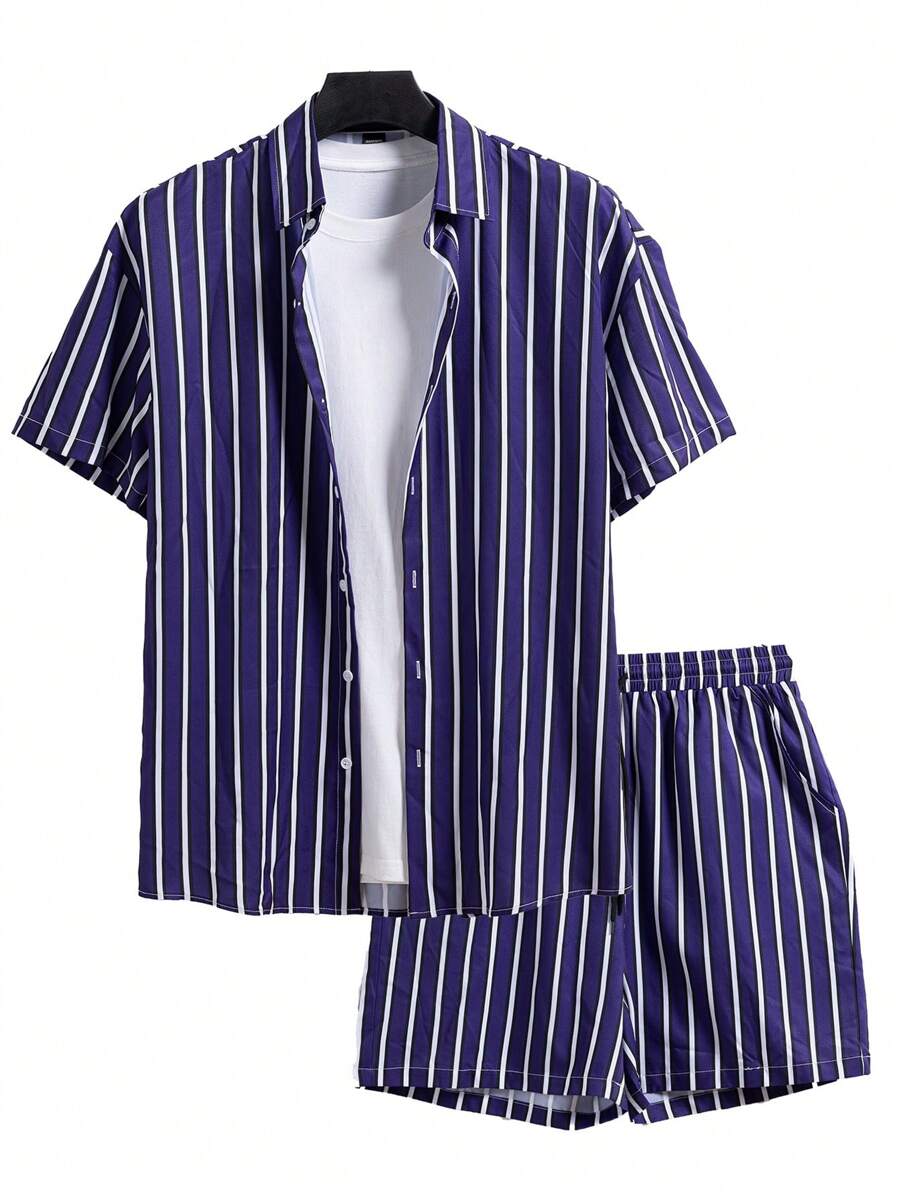 Men Striped Short Sleeve Shirt And Loose Shorts 2-Piece Casual Set, Summer