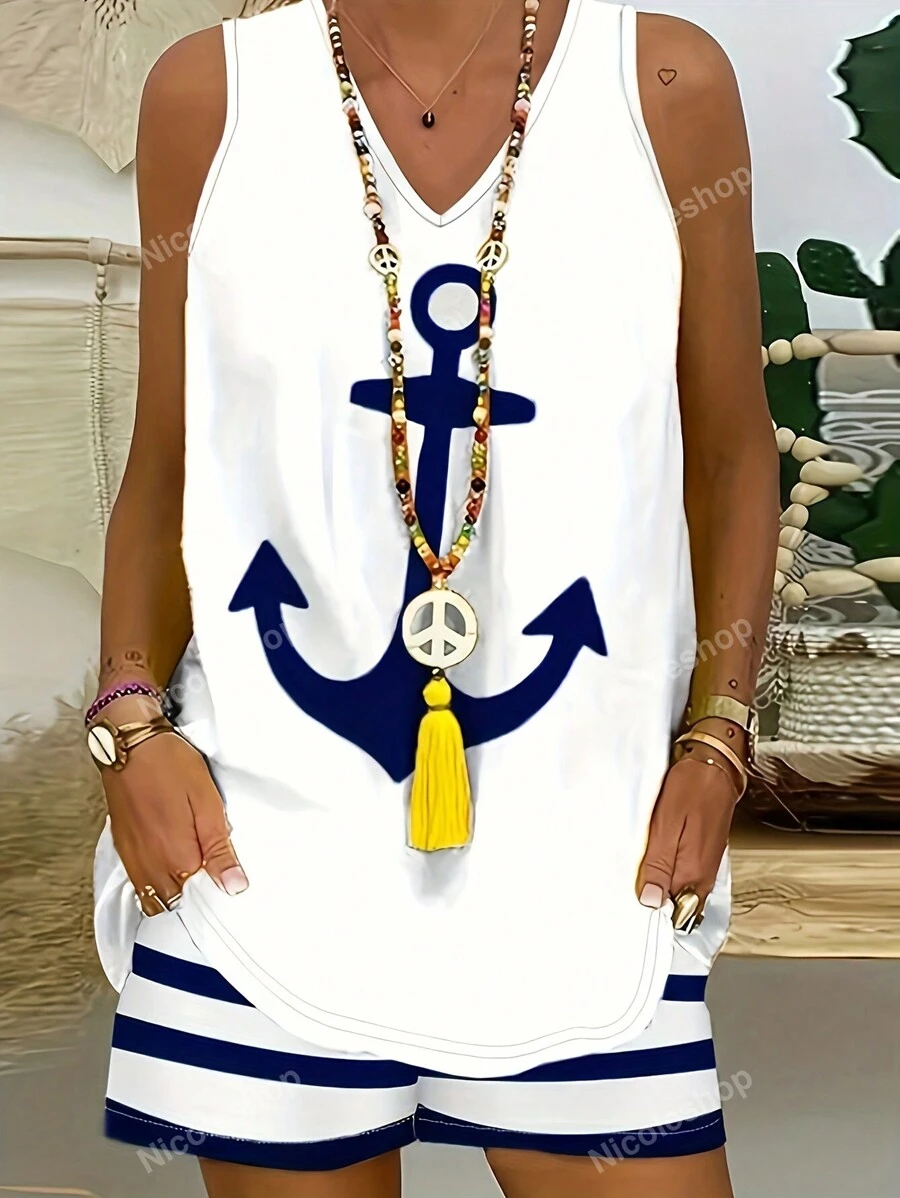 2pcs Set: V-Neck Casual Anchor Print Tank Top + Elastic Waist Striped Classic Design Beach Vacation Travel Wear, Plus Size, Spring/Summer