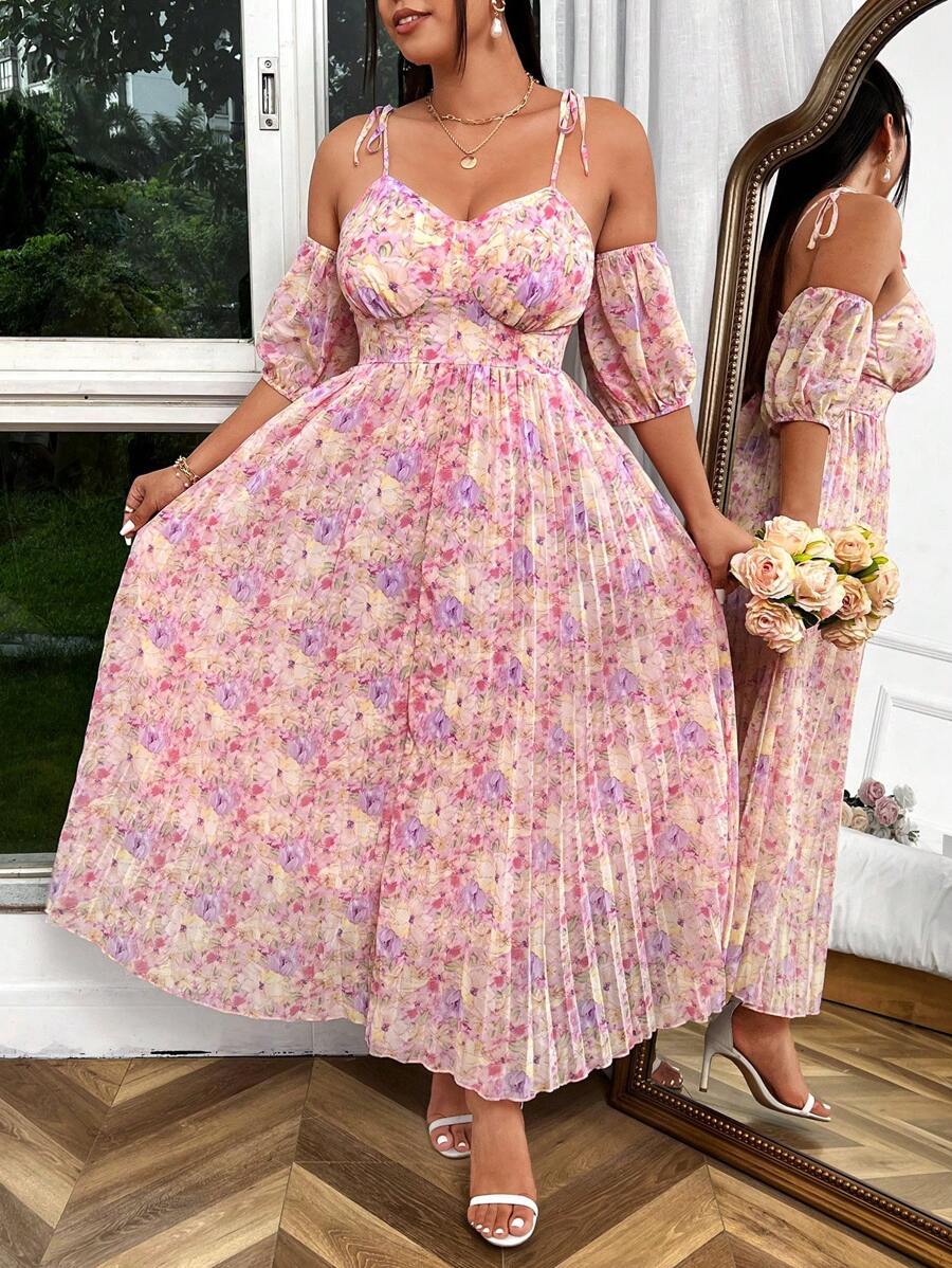 Sunnyshic Plus Size Women's Random Printed Romantic Pleated Long Dress