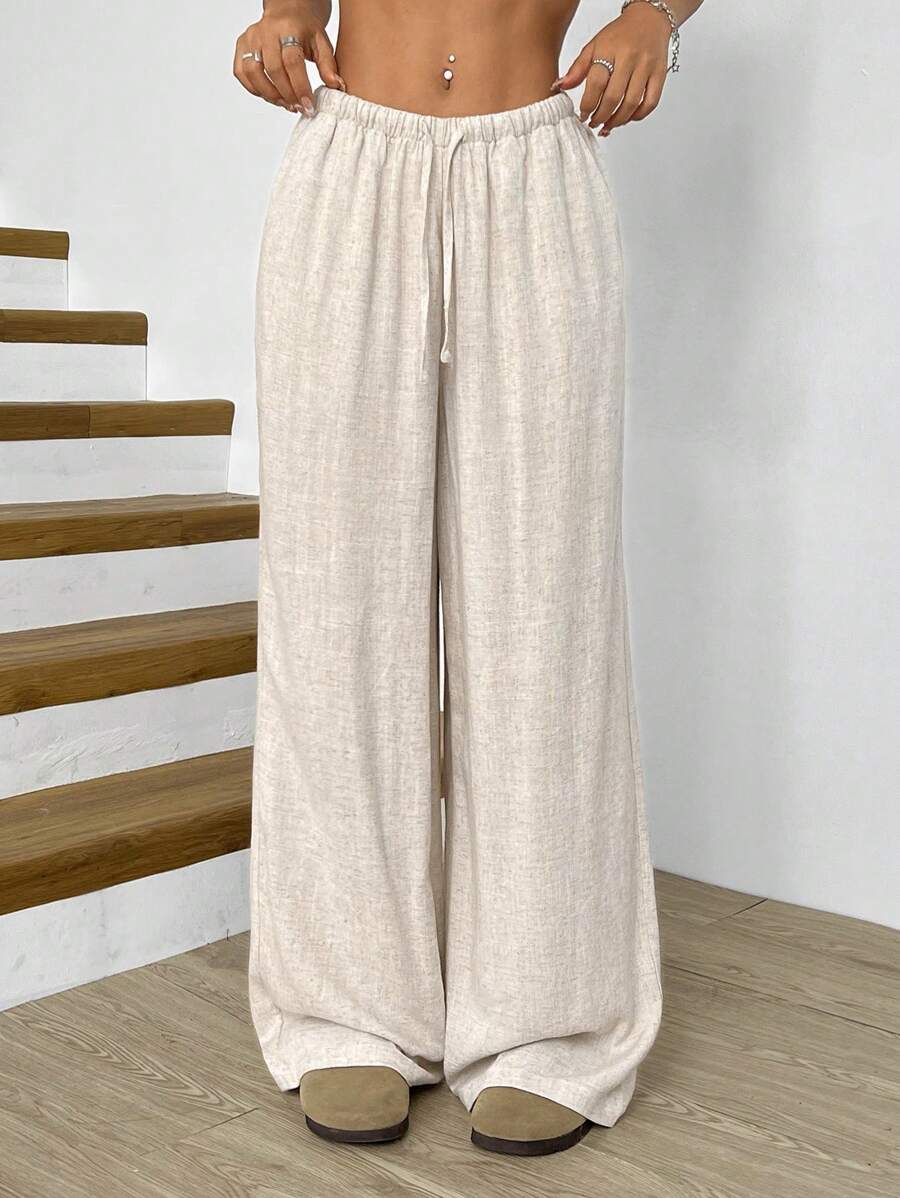 SHEIN EZwear Apricot Woven Wide Leg Casual Pants For Women