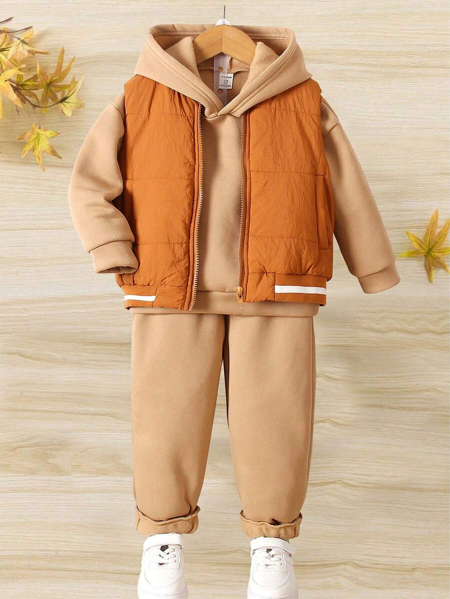 SHEIN 3-delige set met geribde kraag en effen sweatshirt voor jonge meisjes, geschikt voor herfst en winter voor vrijetijdskleding, school, feesten, verjaardagsfeestjes, shows, bruiloften, doopfeesten, eerste verjaardag, terug naar schoolseizoen