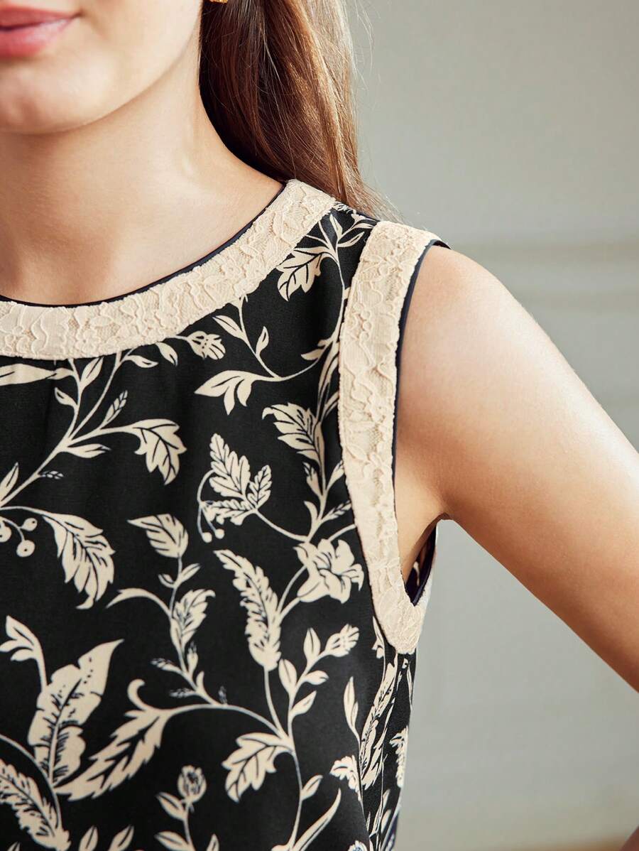 MOTF Classy CLASSY PLANTS PRINT CONTRAST LACE BLOUSE