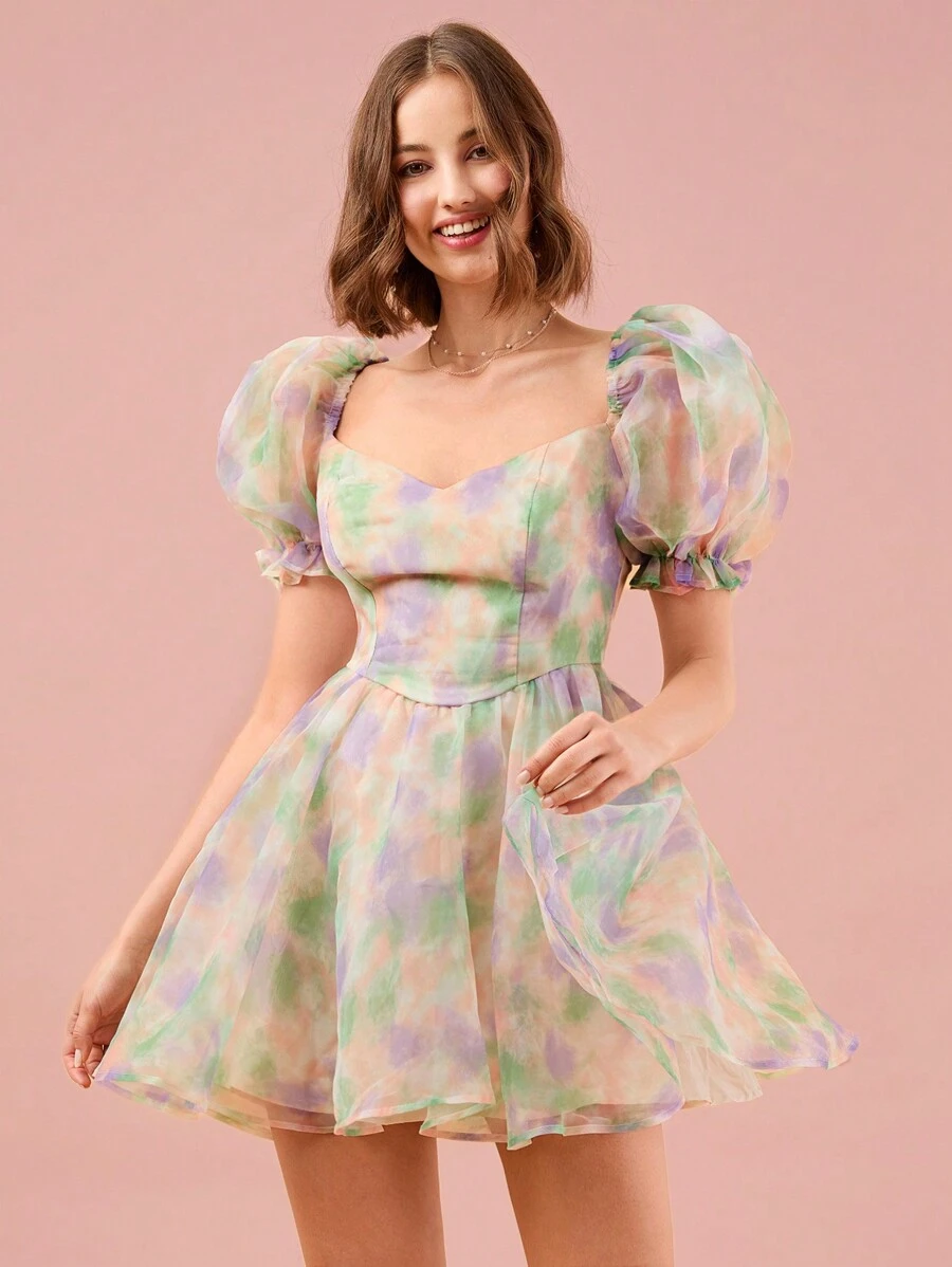 Enchnt Colorful Tie-Dye Puff Sleeve Dress