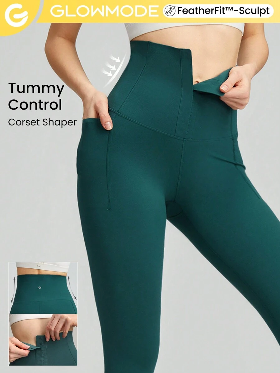 GLOWMODE 24" FeatherFit™-Sculpt Buttoned Leggings Corset Super High Rise Medium Impact Jogging Gym Training Daily