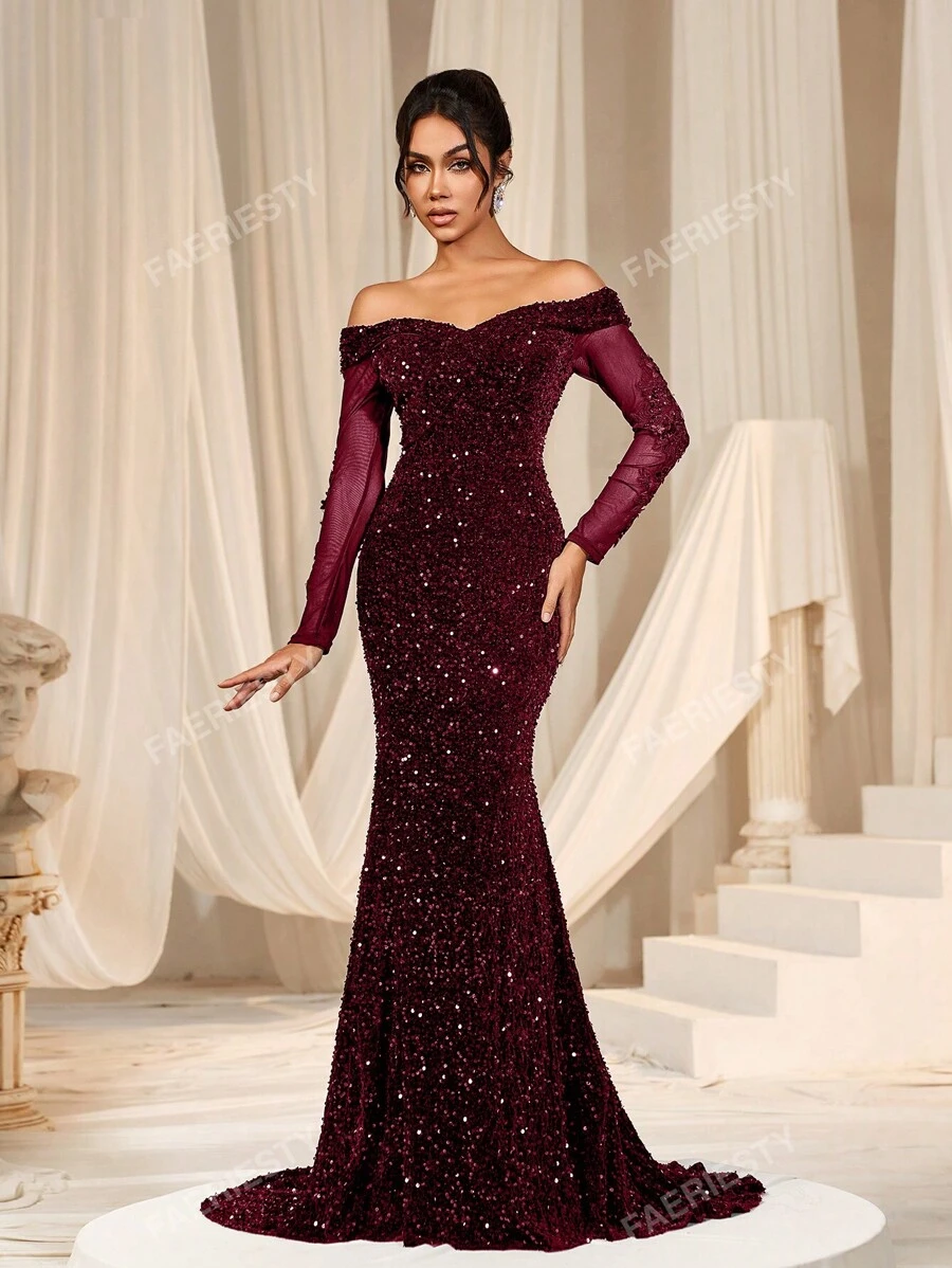 Faeriesty Vestido de noche elegante de sirena con hombros descubiertos, mangas transparentes y adornos de lentejuelas de FAERIESTY - Ideal para galas de noche, atuendos de invitados a bodas, eventos de alfombra roja y fiestas de lujo