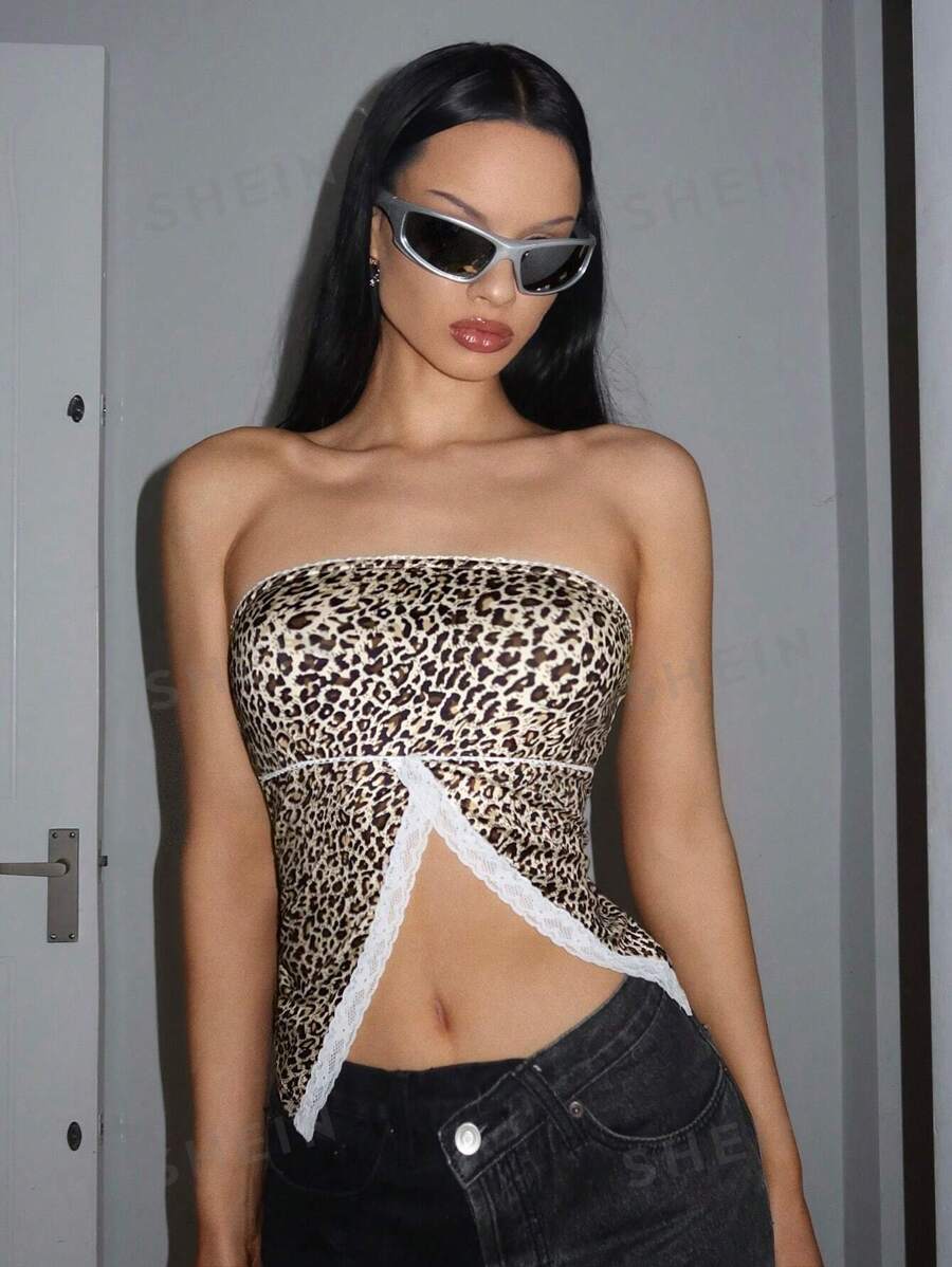 SHEIN Unity Top de bustier para mujeres con estampado de leopardo Y2K y ribete de encaje empalmado