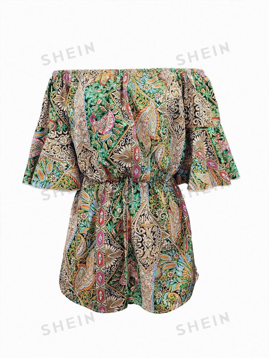 SHEIN LUNE Mono retro de mujer con estampado y con los hombros descubiertos, para atuendo de vacaciones de primaveraverano