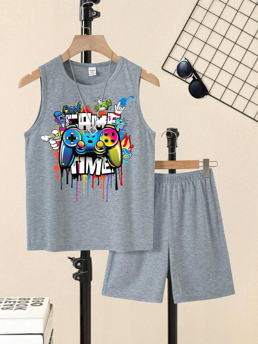 SHEIN Tween Boy Casual Cartoon Game Console Printed Round Neck Tank Top And Shorts 2Pcs Set, Suitable For Summer